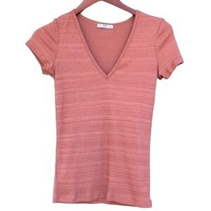 Zara Ribbed V Neck Top Dusty Terracotta Short Sleeve Fitted Tee S